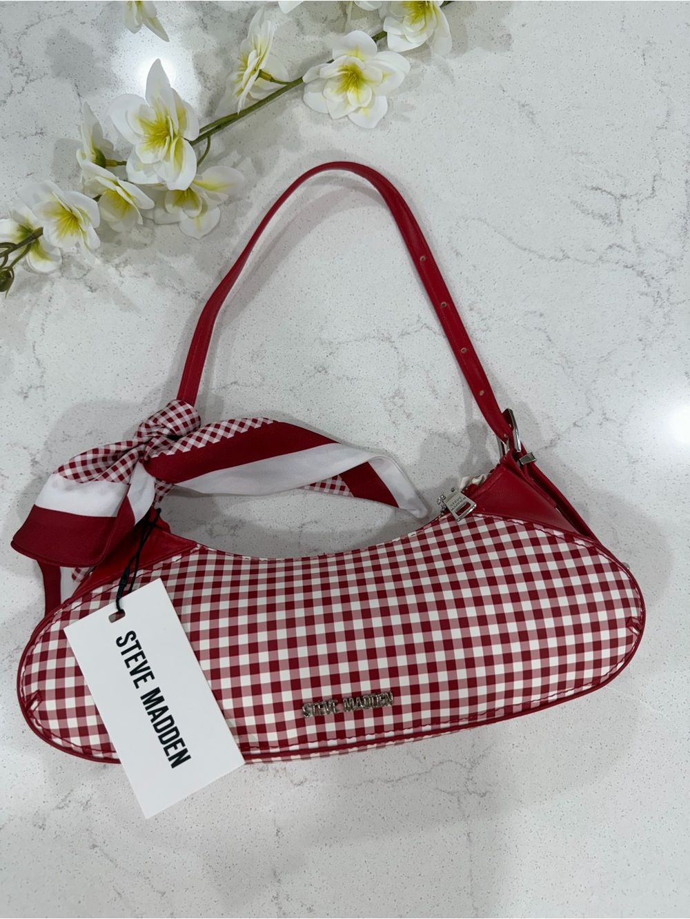 Steve Madden Red and White Gingham Shoulder Bag with Scarf Accent